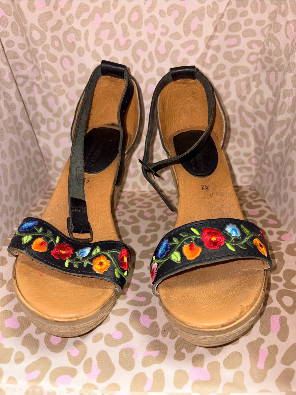 Black Floral Embroidered Ankle-Strap Wedge Sandals